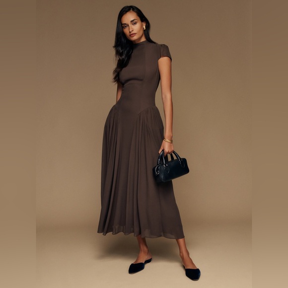 NEW Reformation Maven Midi Dress Full Skirt in Mole Brown | size 6 - Picture 5 of 13